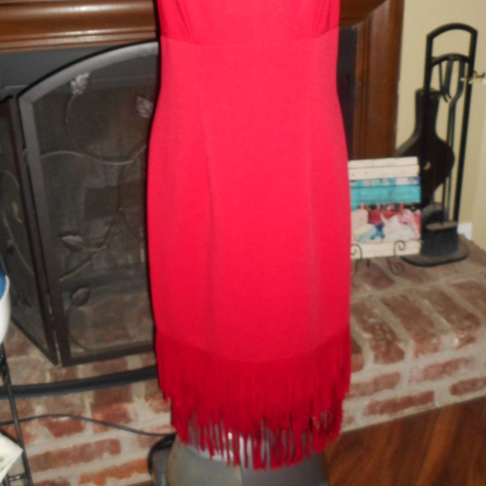 NWOT Adrianna Papell Bright Red Flapper style Fringe dress, 6 - Picture 3 of 8